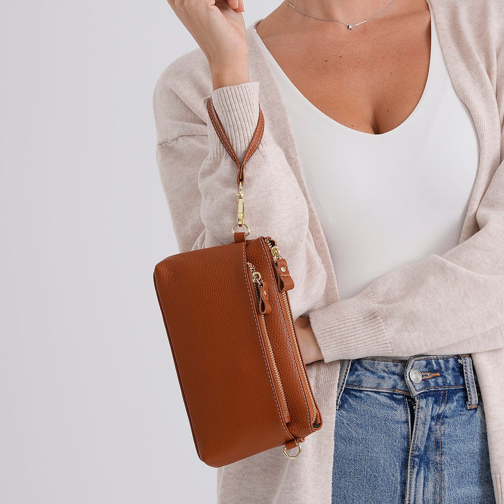 100% Exquisite Genuine Leather Premium Crossbody Bag 3-in-1 Clutch - Wristlet - Tan