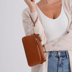 100% Exquisite Genuine Leather Premium Crossbody Bag 3-in-1 Clutch - Wristlet - Tan