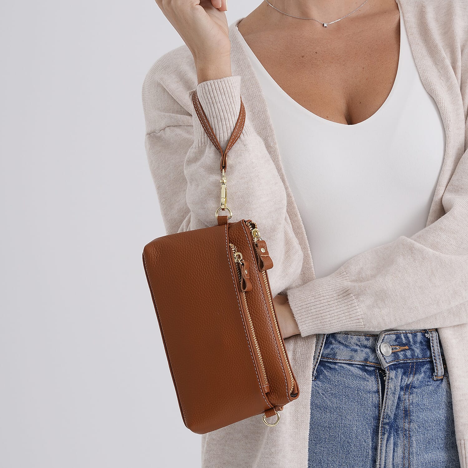 100% Exquisite Genuine Leather Premium Crossbody Bag 3-in-1 Clutch - Wristlet - Tan