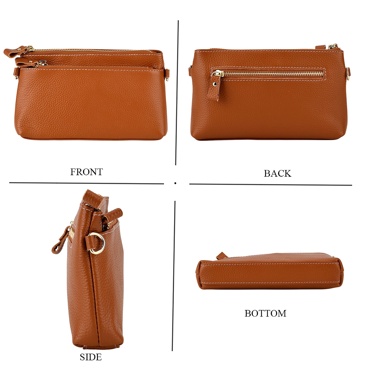 100% Exquisite Genuine Leather Premium Crossbody Bag 3-in-1 Clutch - Wristlet - Tan