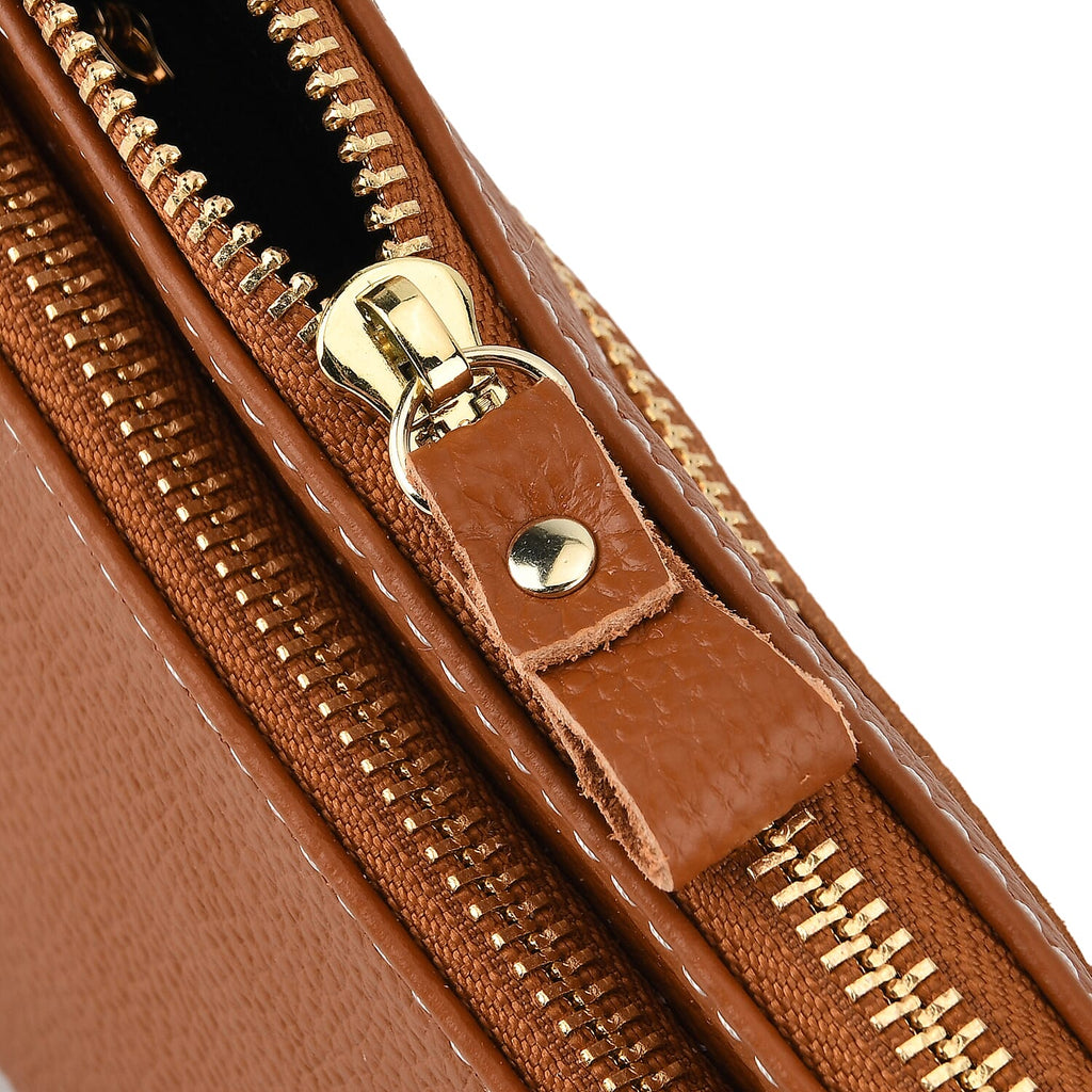 100% Exquisite Genuine Leather Premium Crossbody Bag 3-in-1 Clutch - Wristlet - Tan
