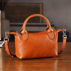 Designer Inspired Genuine Leather Mini Crossbody Bag with Top Handle - Tan