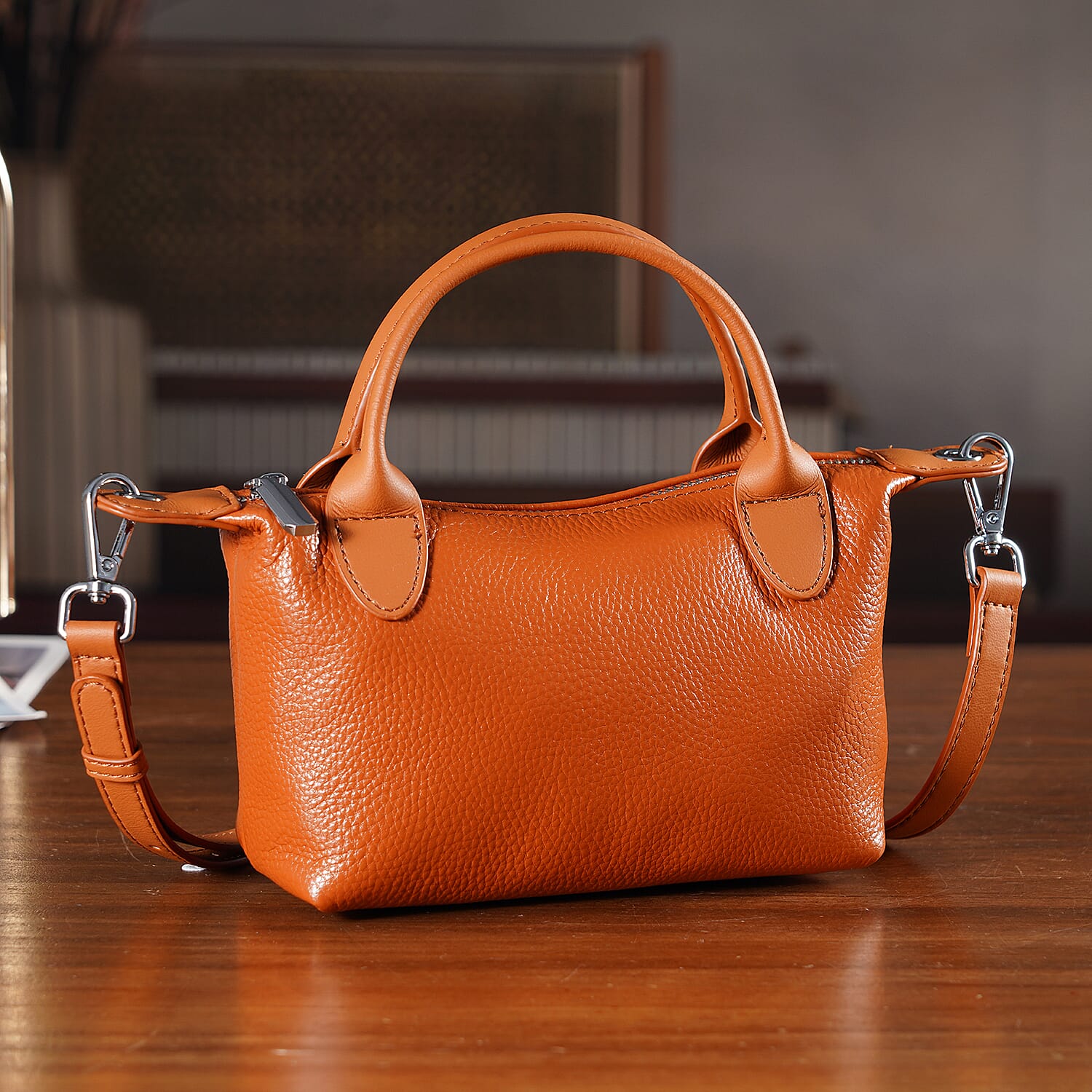 Designer Inspired Genuine Leather Mini Crossbody Bag with Top Handle - Tan