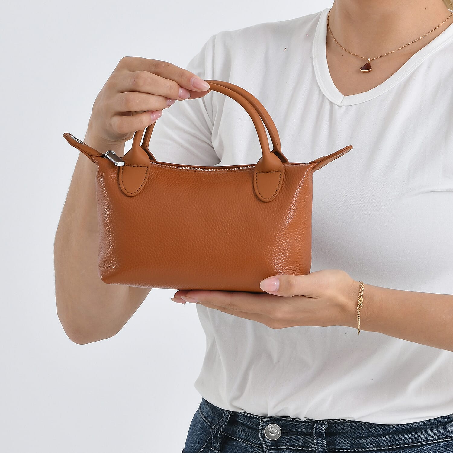 Designer Inspired Genuine Leather Mini Crossbody Bag with Top Handle - Tan