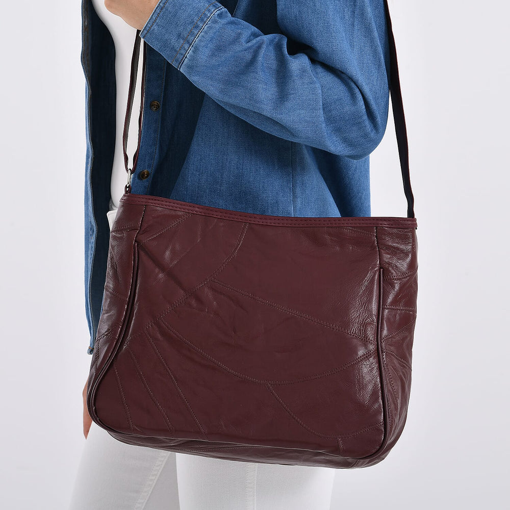 Patchwork Genuine Leather Crossbody Bag with Adjustable Shoulder Strap (125cm) - Burgundy
