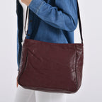 Patchwork Genuine Leather Crossbody Bag with Adjustable Shoulder Strap (125cm) - Burgundy