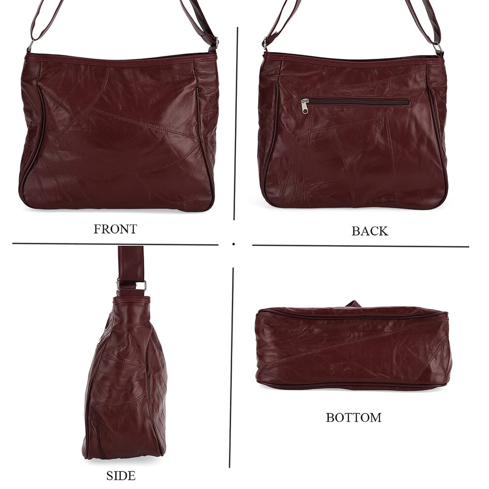 Patchwork Genuine Leather Crossbody Bag with Adjustable Shoulder Strap (125cm) - Burgundy