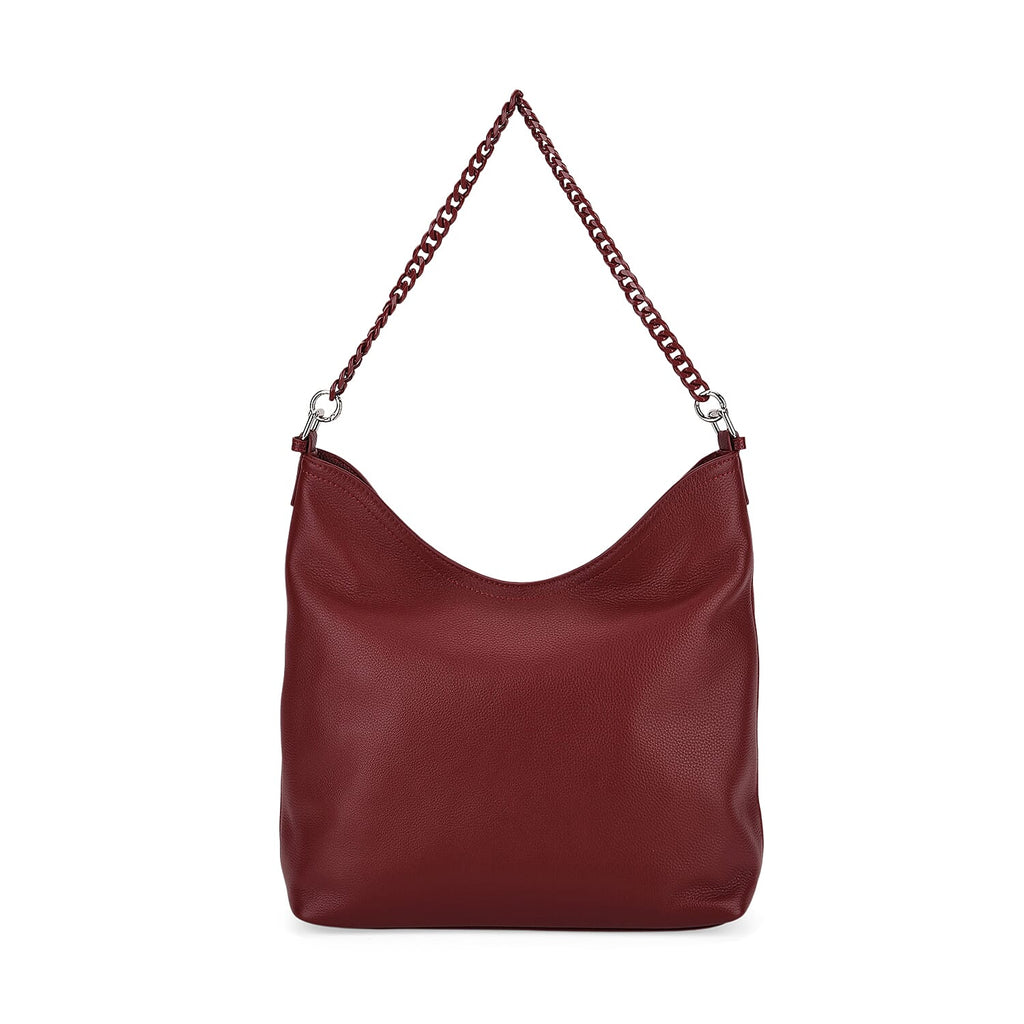Genuine Leather Slouchy Shoulder Bag - Burgundy
