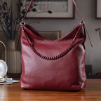 Genuine Leather Slouchy Shoulder Bag - Burgundy
