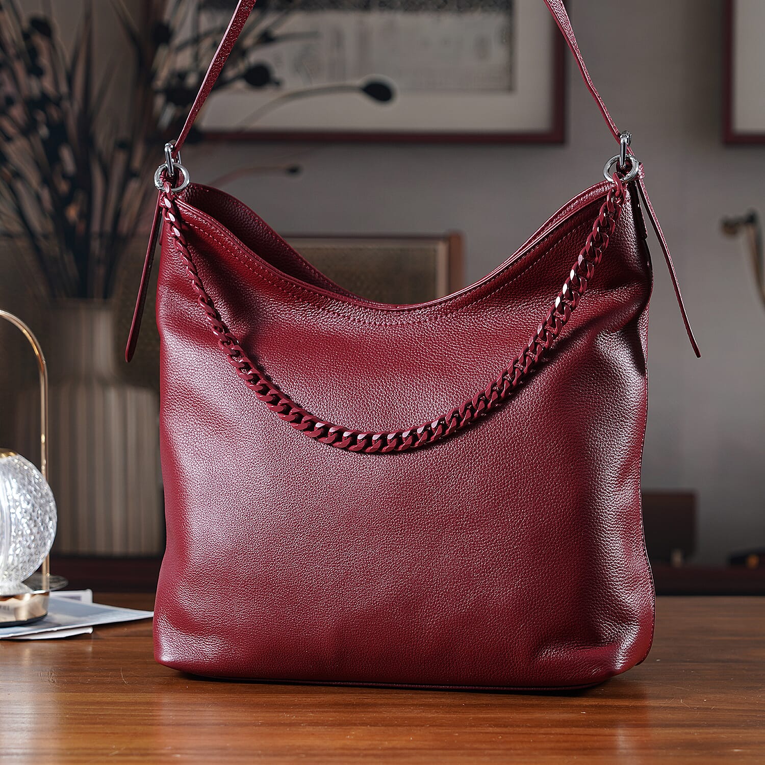 Genuine Leather Slouchy Shoulder Bag - Burgundy