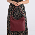 Genuine Leather Slouchy Shoulder Bag - Burgundy