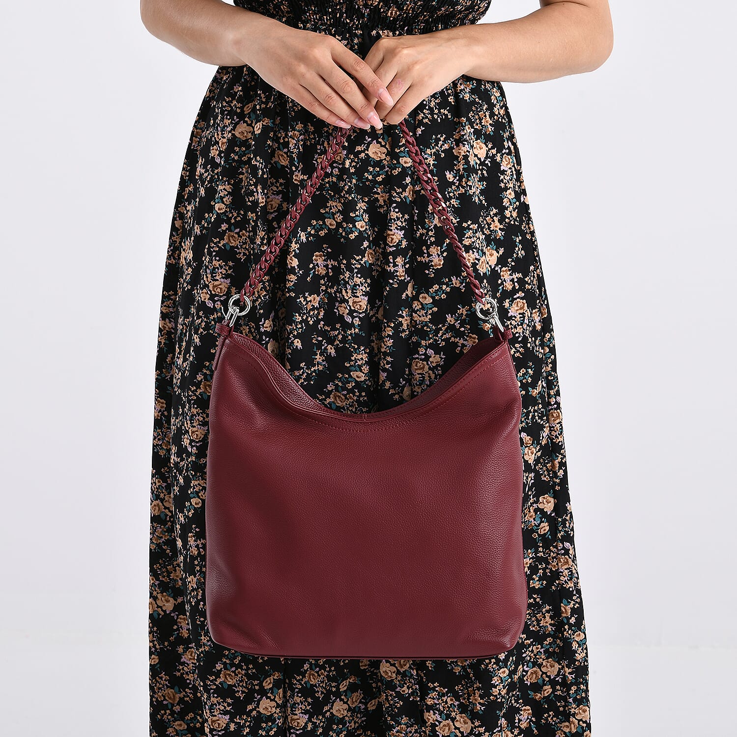 Genuine Leather Slouchy Shoulder Bag - Burgundy