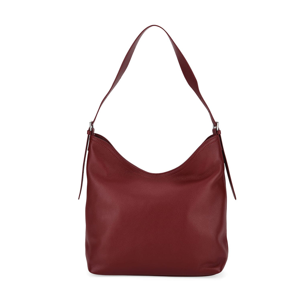 Genuine Leather Slouchy Shoulder Bag - Burgundy