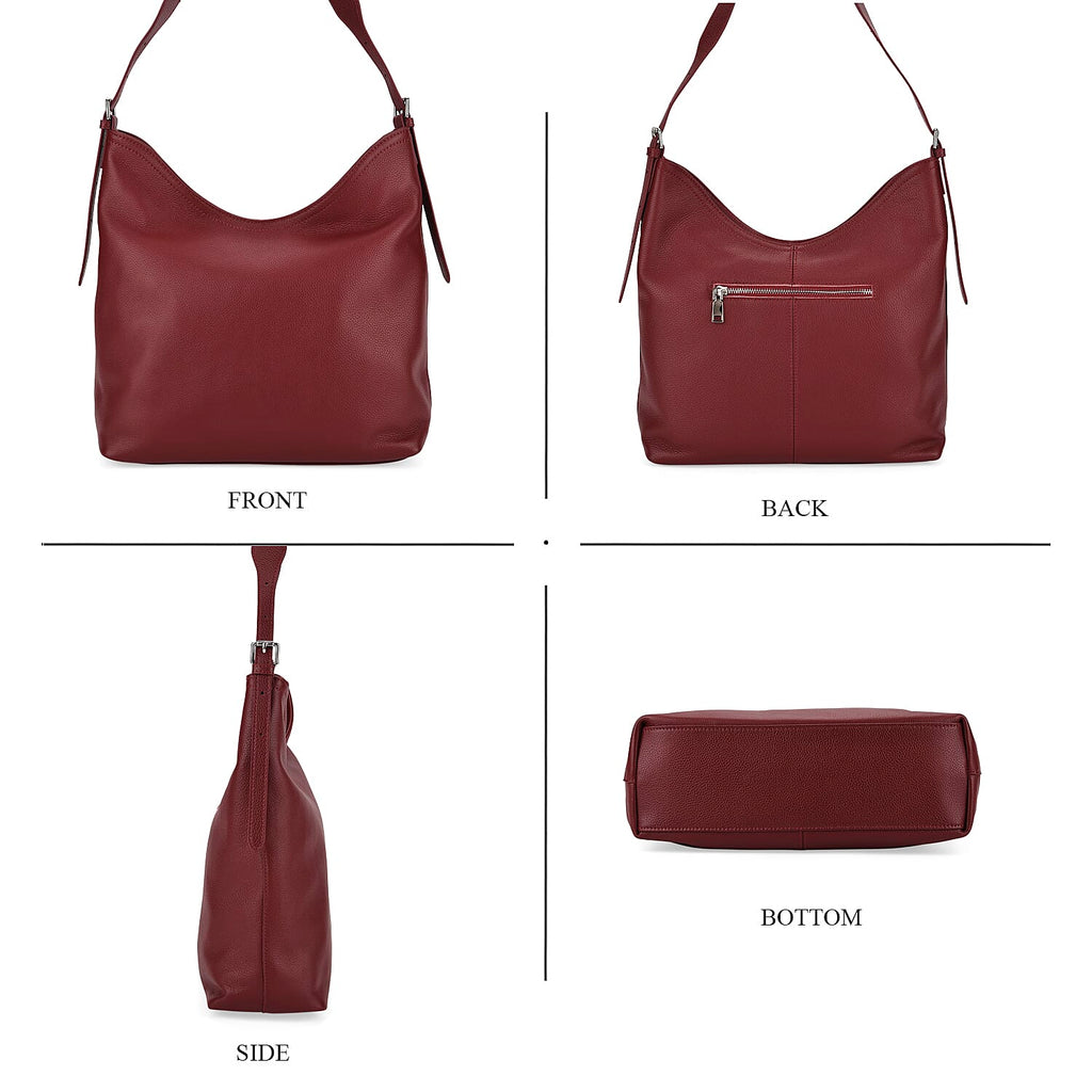 Genuine Leather Slouchy Shoulder Bag - Burgundy