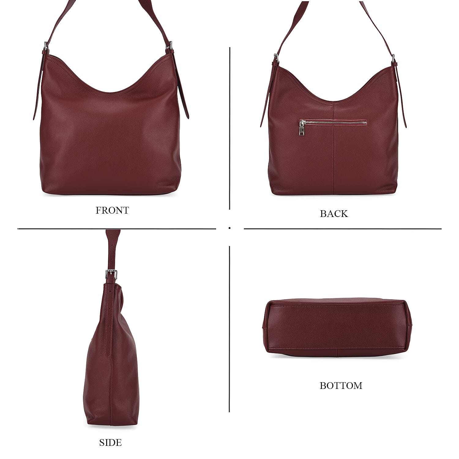 Genuine Leather Slouchy Shoulder Bag - Burgundy
