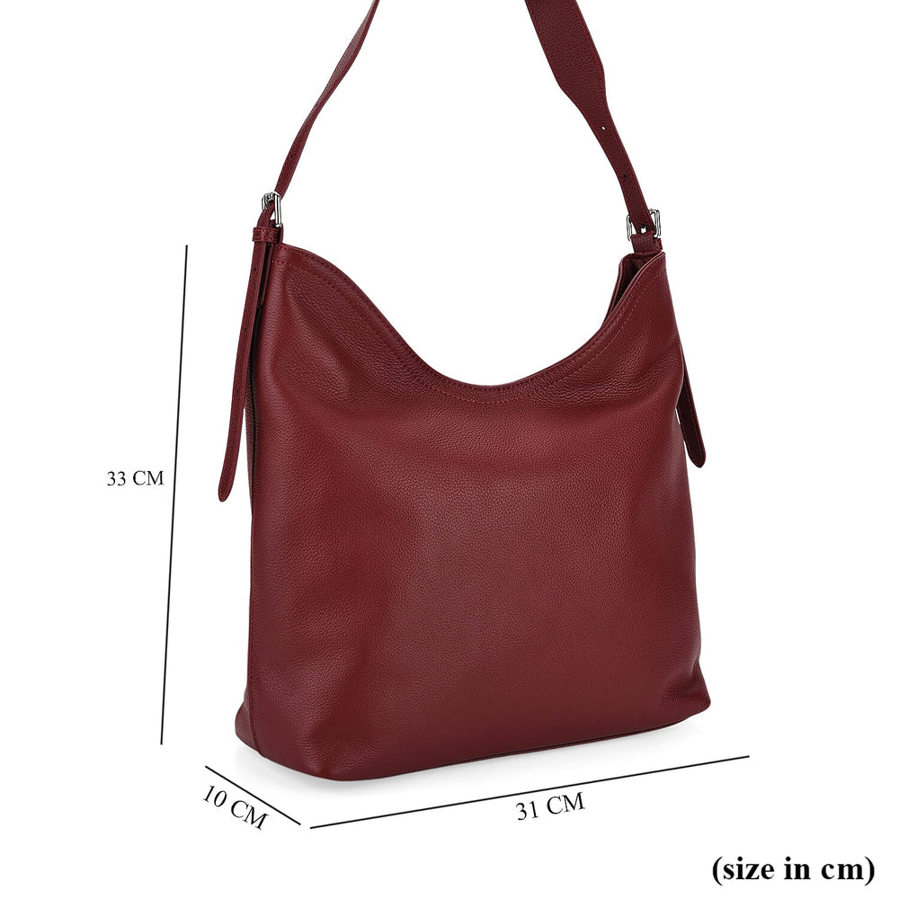 Genuine Leather Slouchy Shoulder Bag - Burgundy