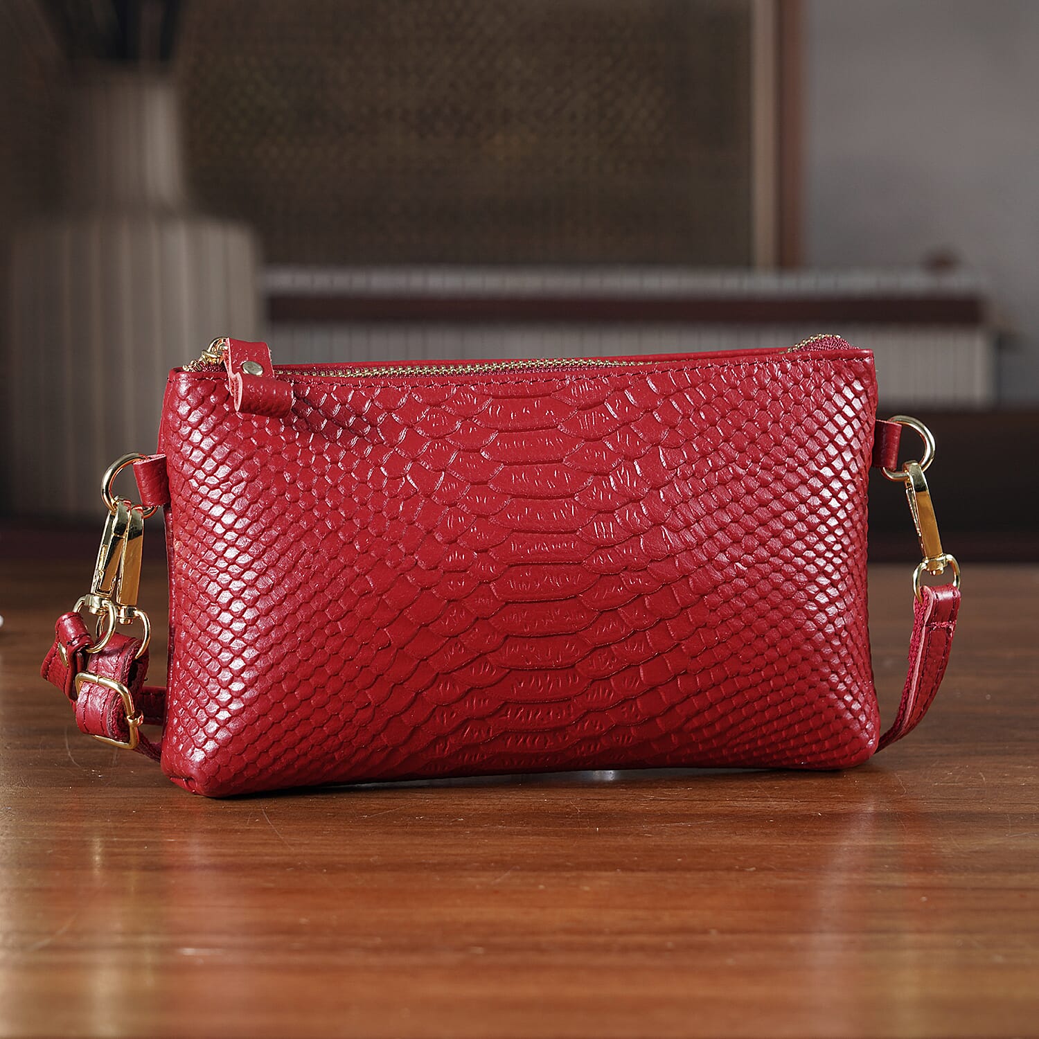 Genuine Leather Sling Bag with Detachable Strap (140 cm) - Burgundy