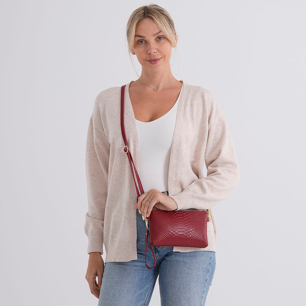 Genuine Leather Sling Bag with Detachable Strap (140 cm) - Burgundy