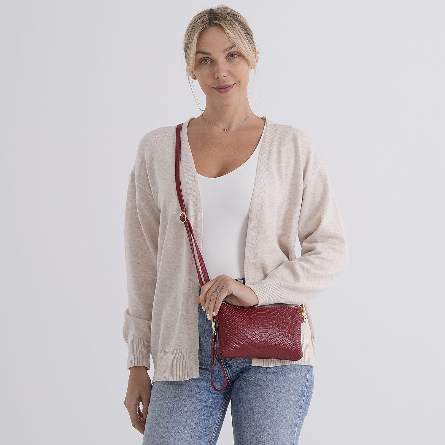 Genuine Leather Sling Bag with Detachable Strap (140 cm) - Burgundy
