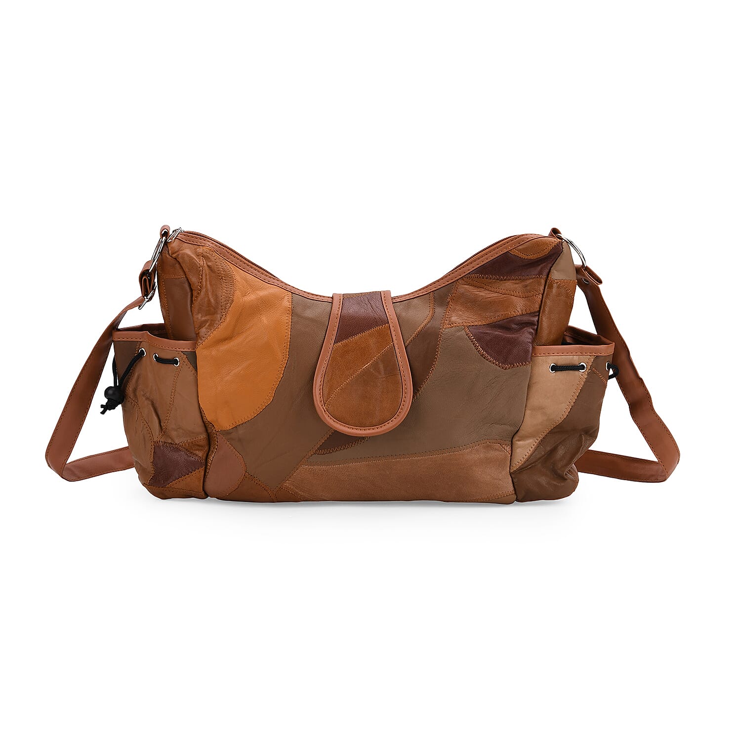 Genuine Leather Slouchy Shoulder Bag with Side Drawstring Pockets - Camel