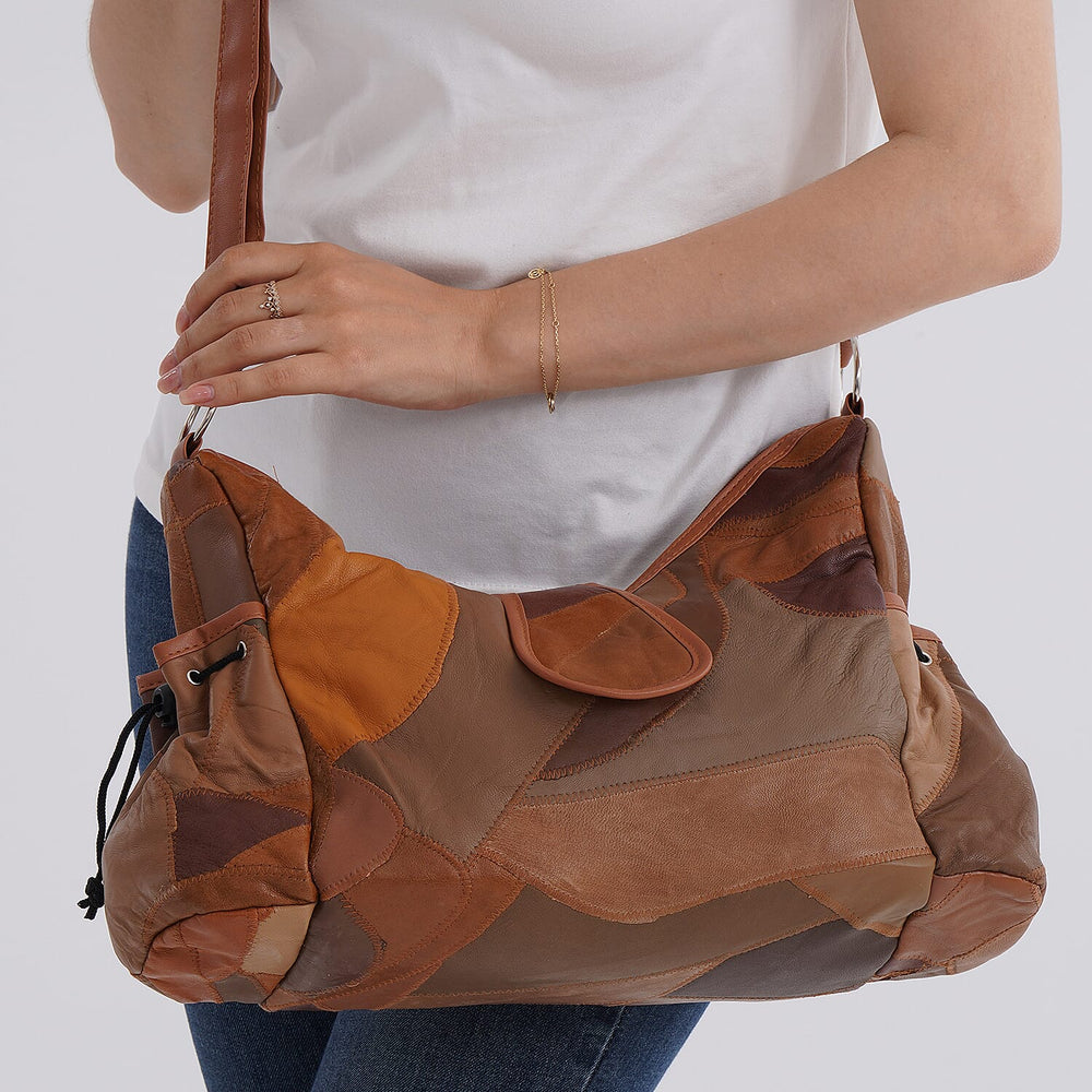 Genuine Leather Slouchy Shoulder Bag with Side Drawstring Pockets - Camel