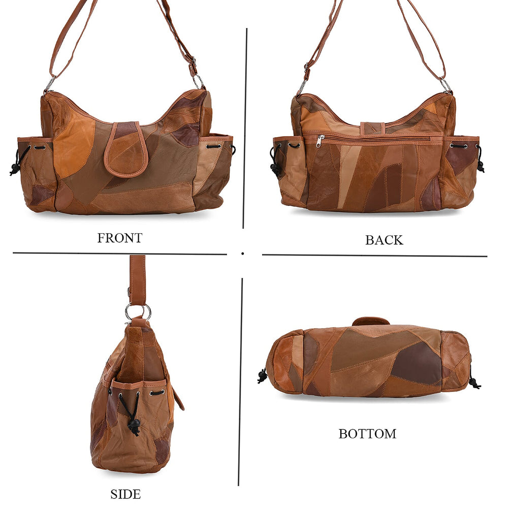 Genuine Leather Slouchy Shoulder Bag with Side Drawstring Pockets - Camel