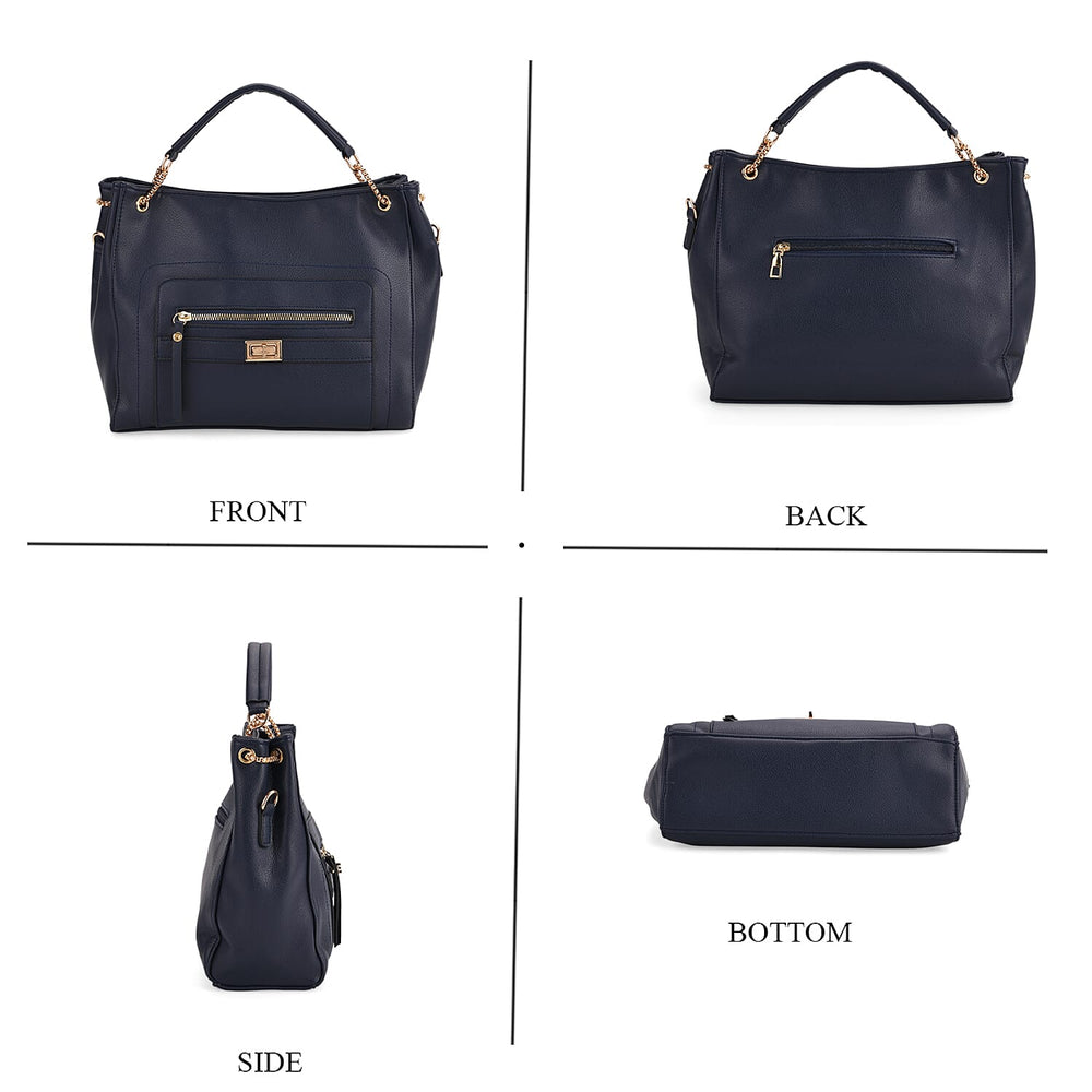 Satchel Handbag with Detachable Shoulder Strap - Dark Blue