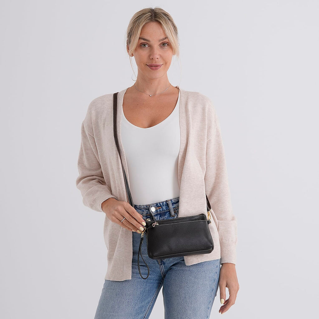 BAG OFFER OF MONTH - 100% Exquisite Genuine Leather Premium Crossbody Bag 3-in-1 Clutch - Wristlet- Dark Coffee
