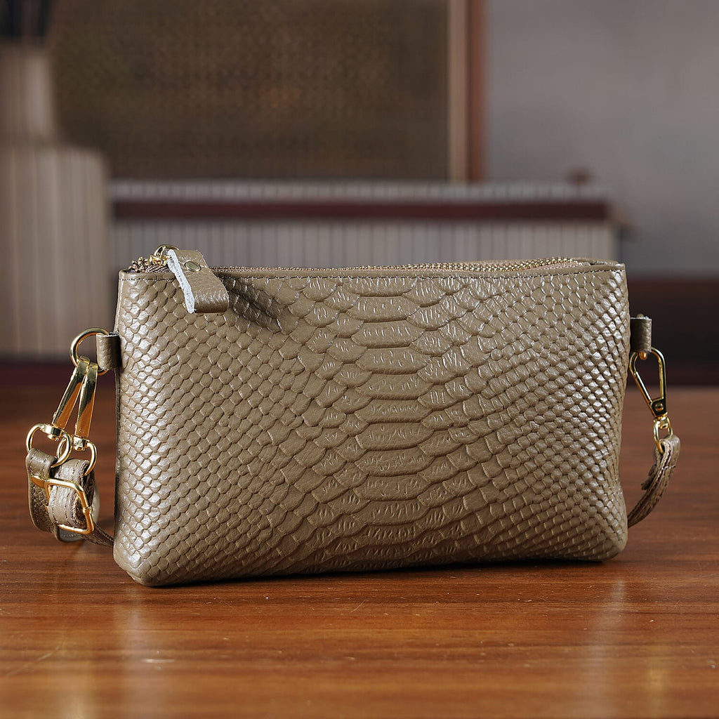 Genuine Leather Sling Bag with Detachable Strap (140 cm) - Dark Khaki