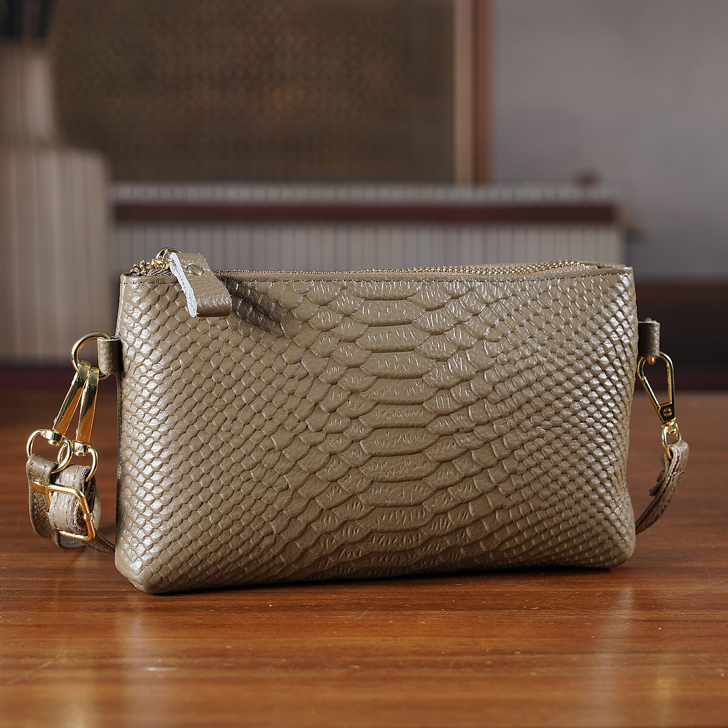 Genuine Leather Sling Bag with Detachable Strap (140 cm) - Dark Khaki