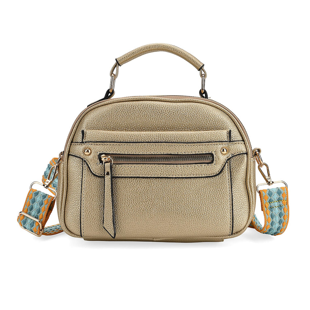 Structured Crossbody Bag with Patterned Strap - Gold