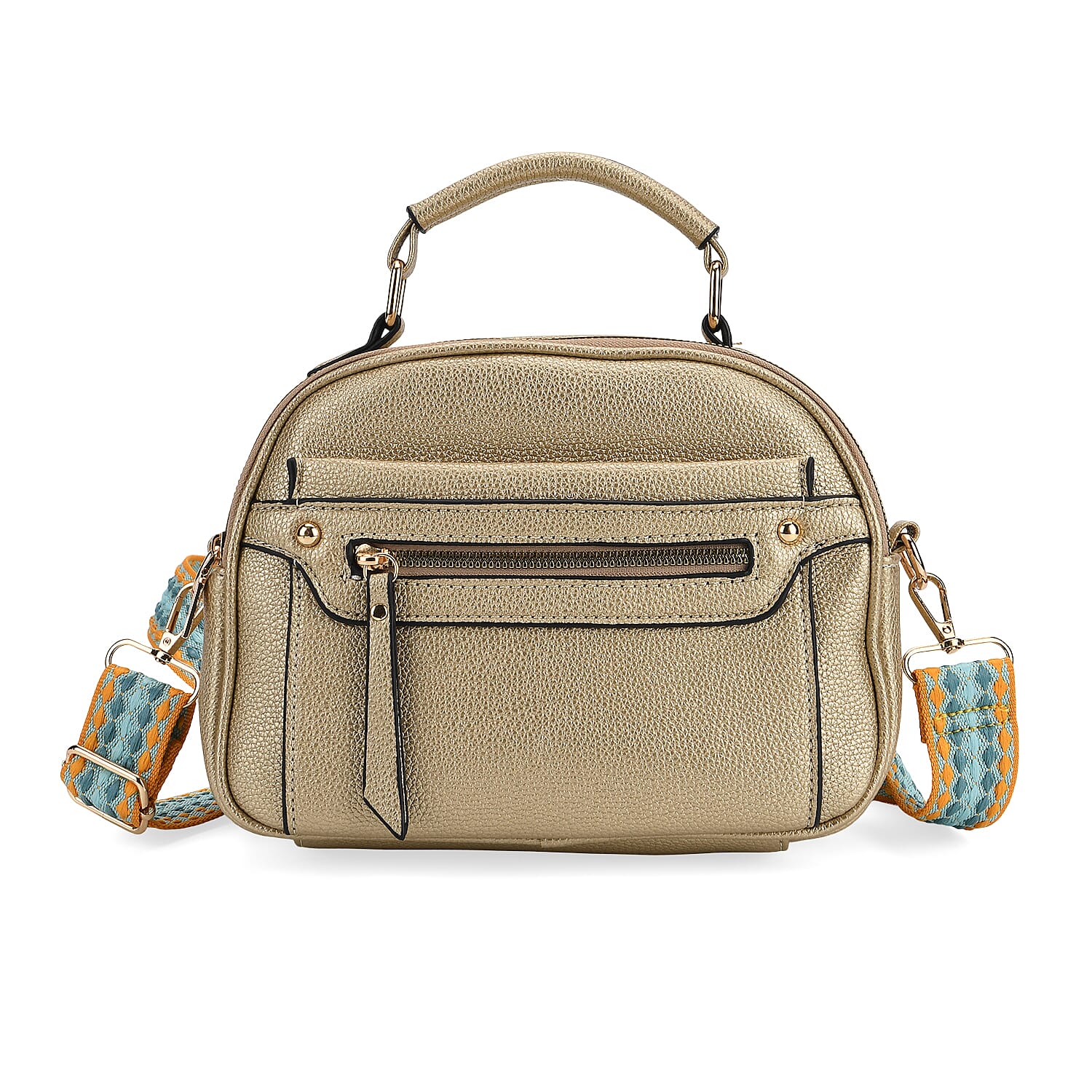 Structured Crossbody Bag with Patterned Strap - Gold