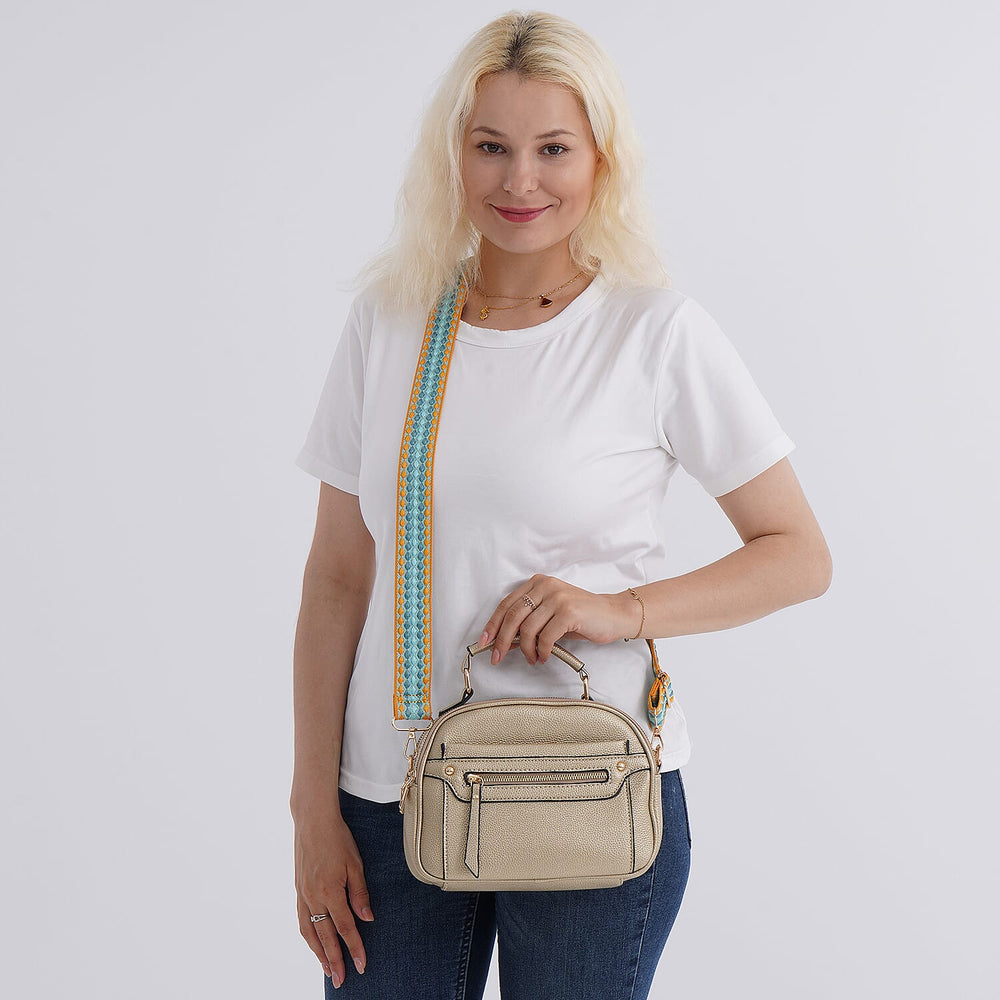 Structured Crossbody Bag with Patterned Strap - Gold