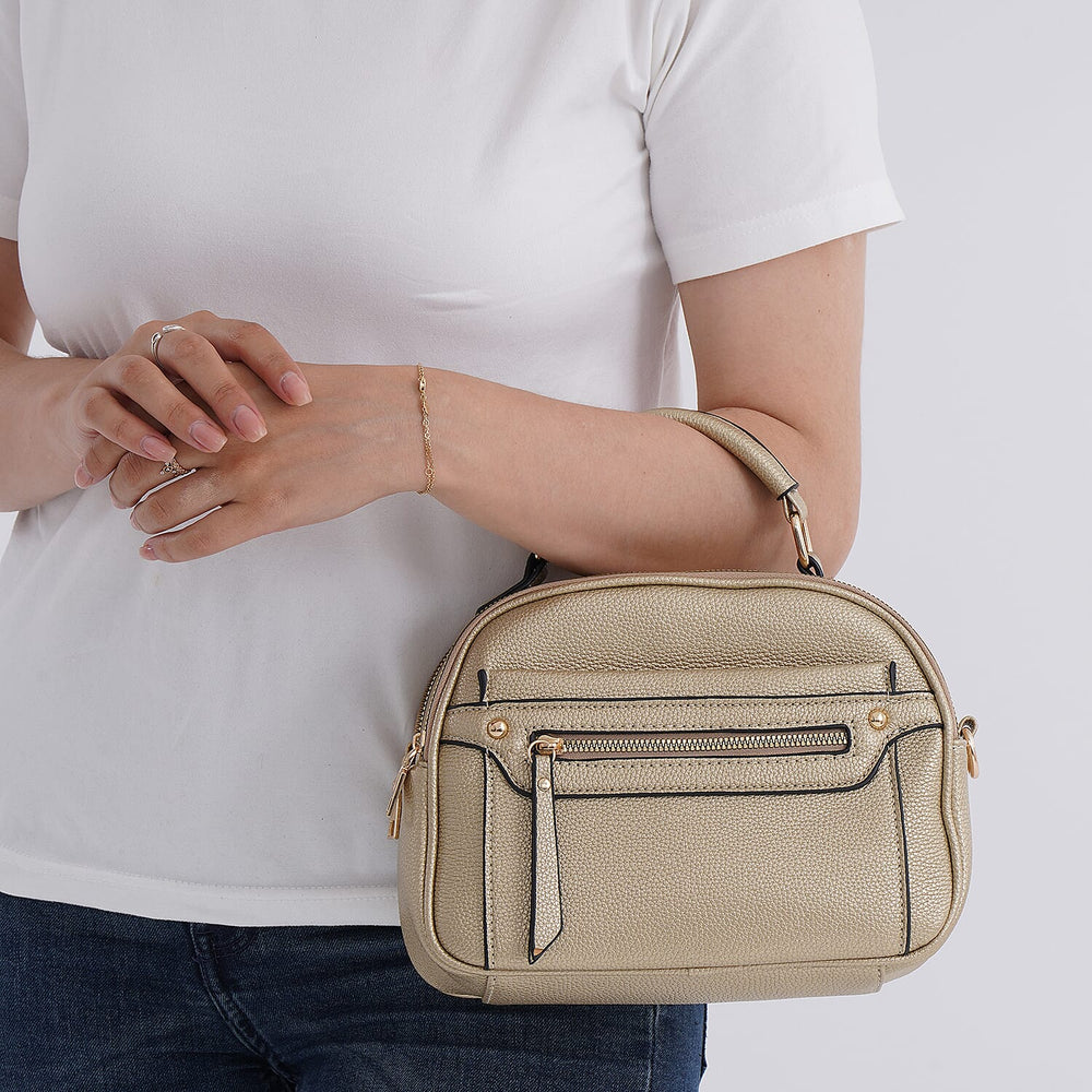 Structured Crossbody Bag with Patterned Strap - Gold