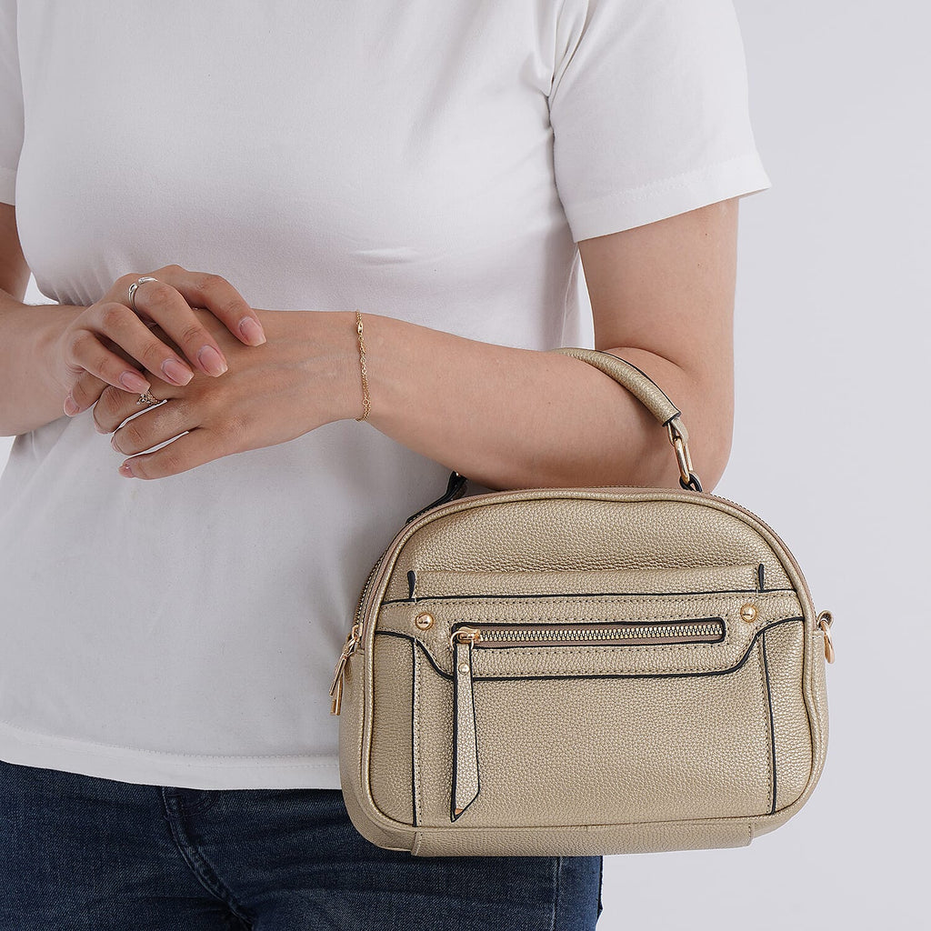 Structured Crossbody Bag with Patterned Strap - Gold