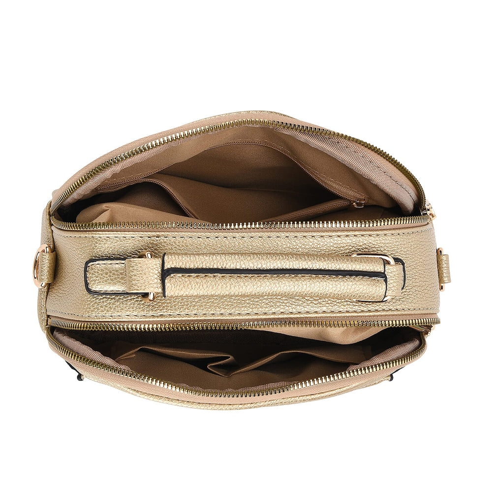 Structured Crossbody Bag with Patterned Strap - Gold