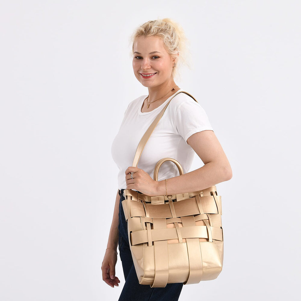 Hollow Woven Design Bucket Bag with Removable Drawstring Pouch - Gold