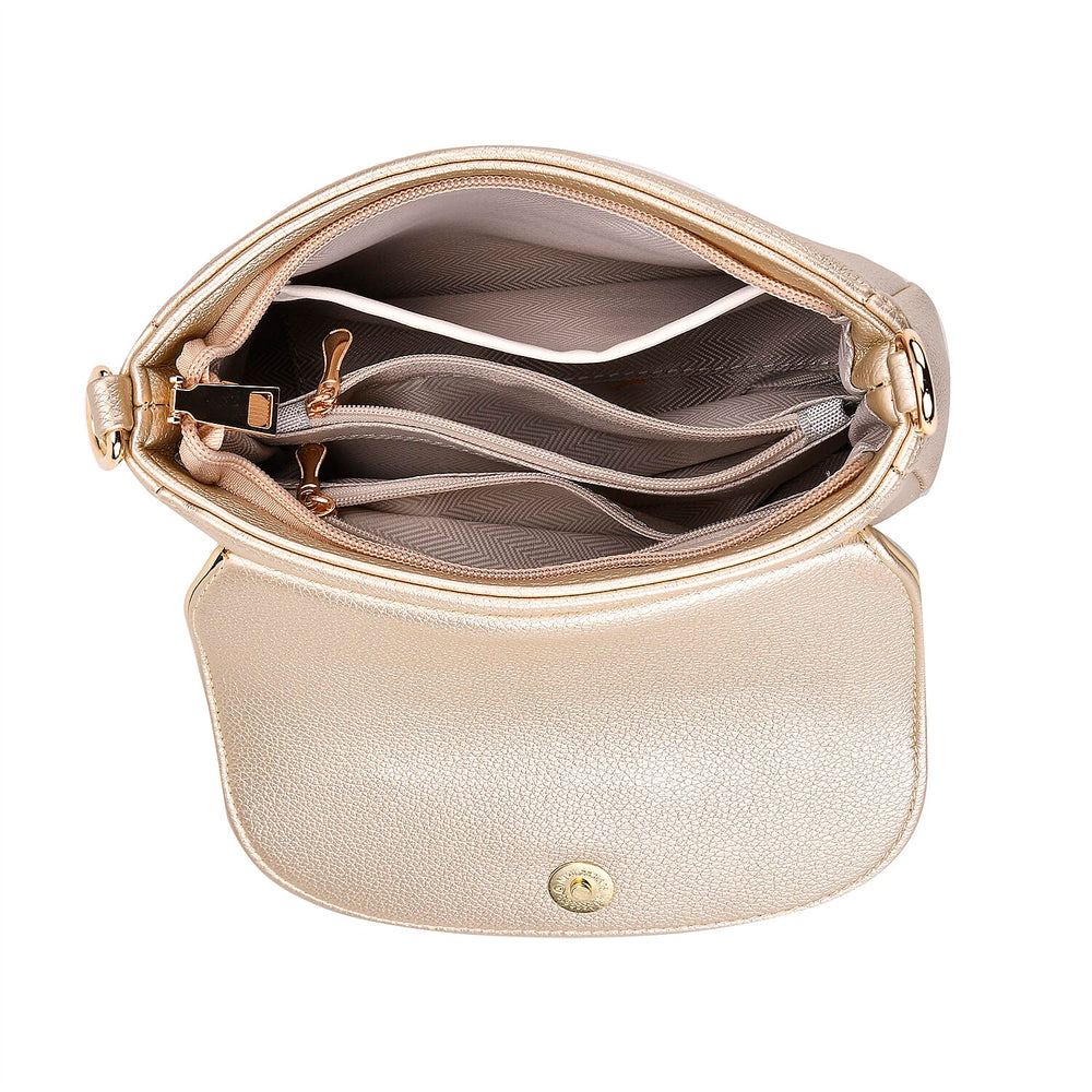 Elegant Metallic Gold Flap Crossbody Bag with Adjustable Strap