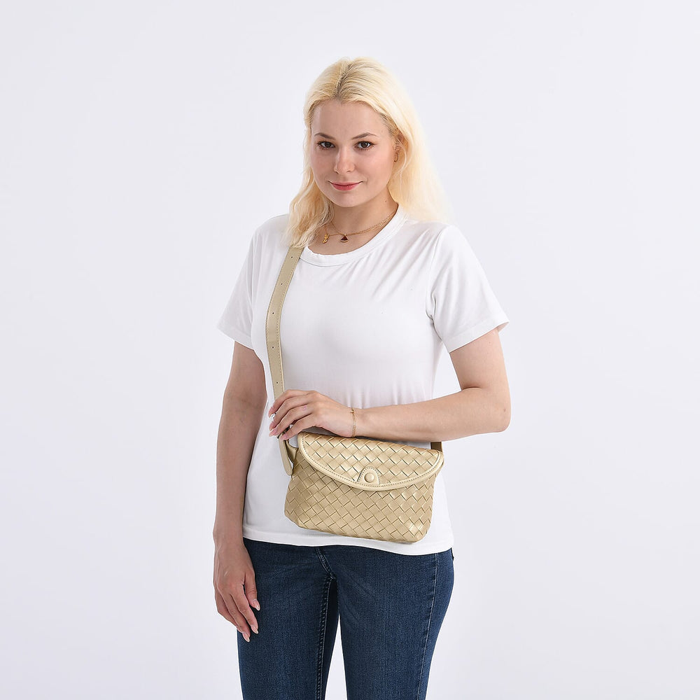 Woven Pattern Crossbody Bag with Flap Closure - Gold