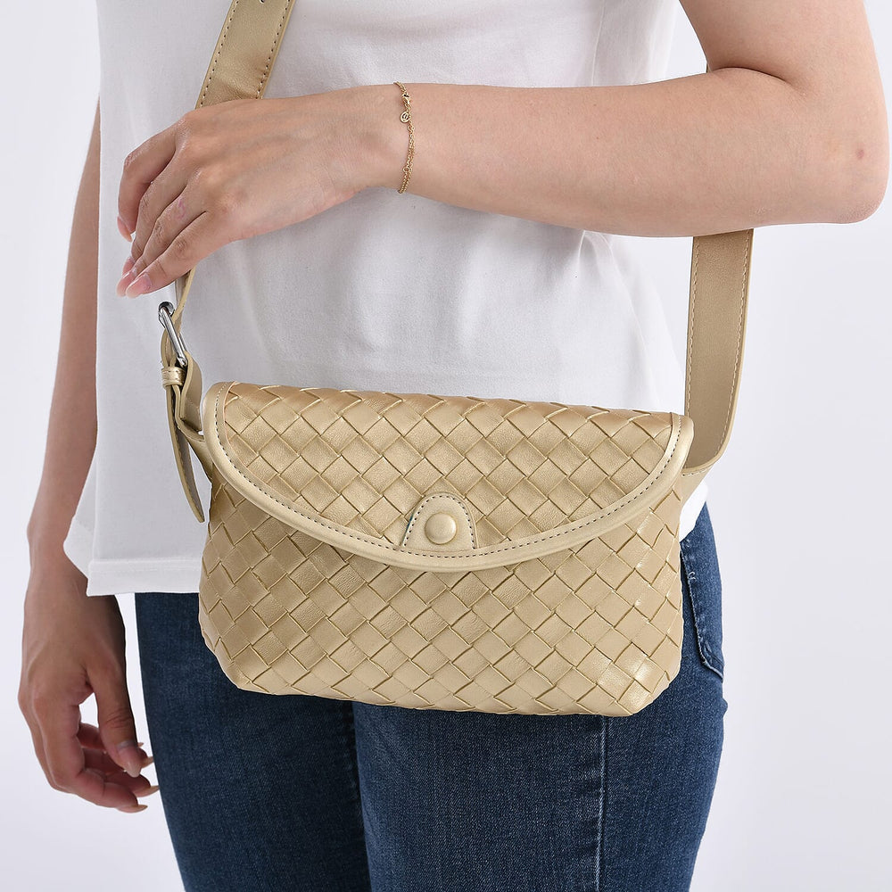 Woven Pattern Crossbody Bag with Flap Closure - Gold