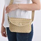 Woven Pattern Crossbody Bag with Flap Closure - Gold
