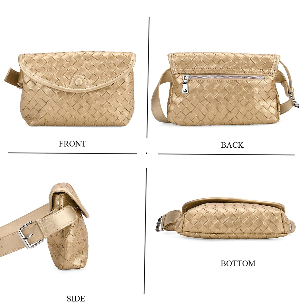Woven Pattern Crossbody Bag with Flap Closure - Gold