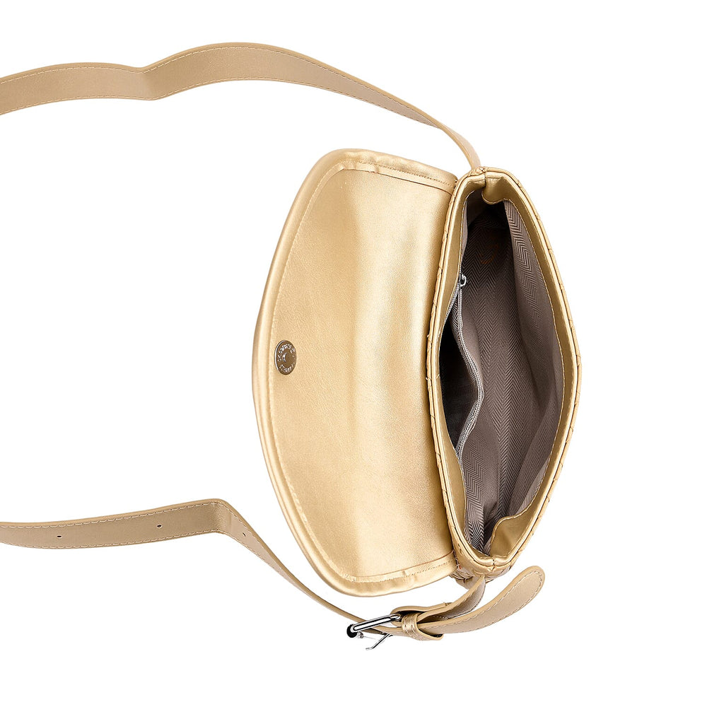 Woven Pattern Crossbody Bag with Flap Closure - Gold
