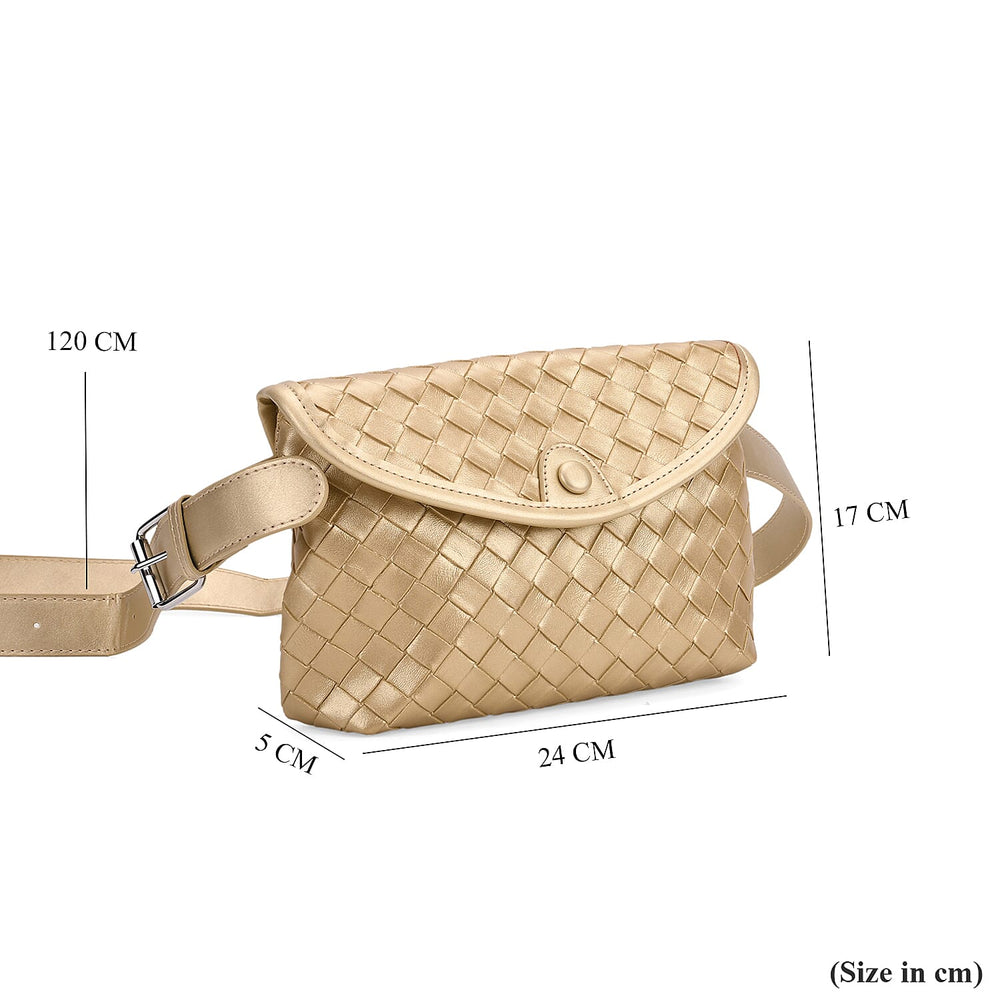 Woven Pattern Crossbody Bag with Flap Closure - Gold