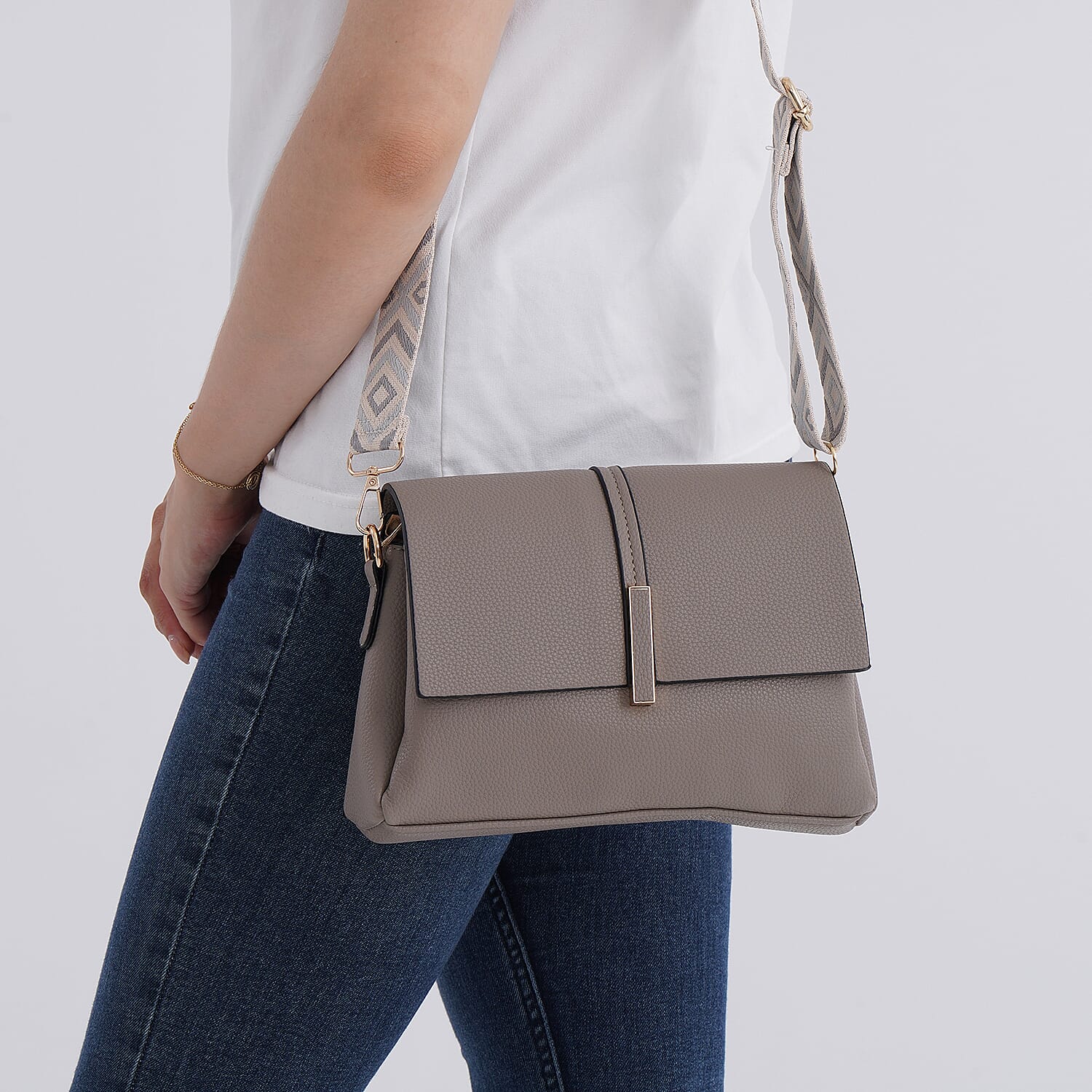 Artisan Sling Bag with Geometric Pattern Strap - Light Brown