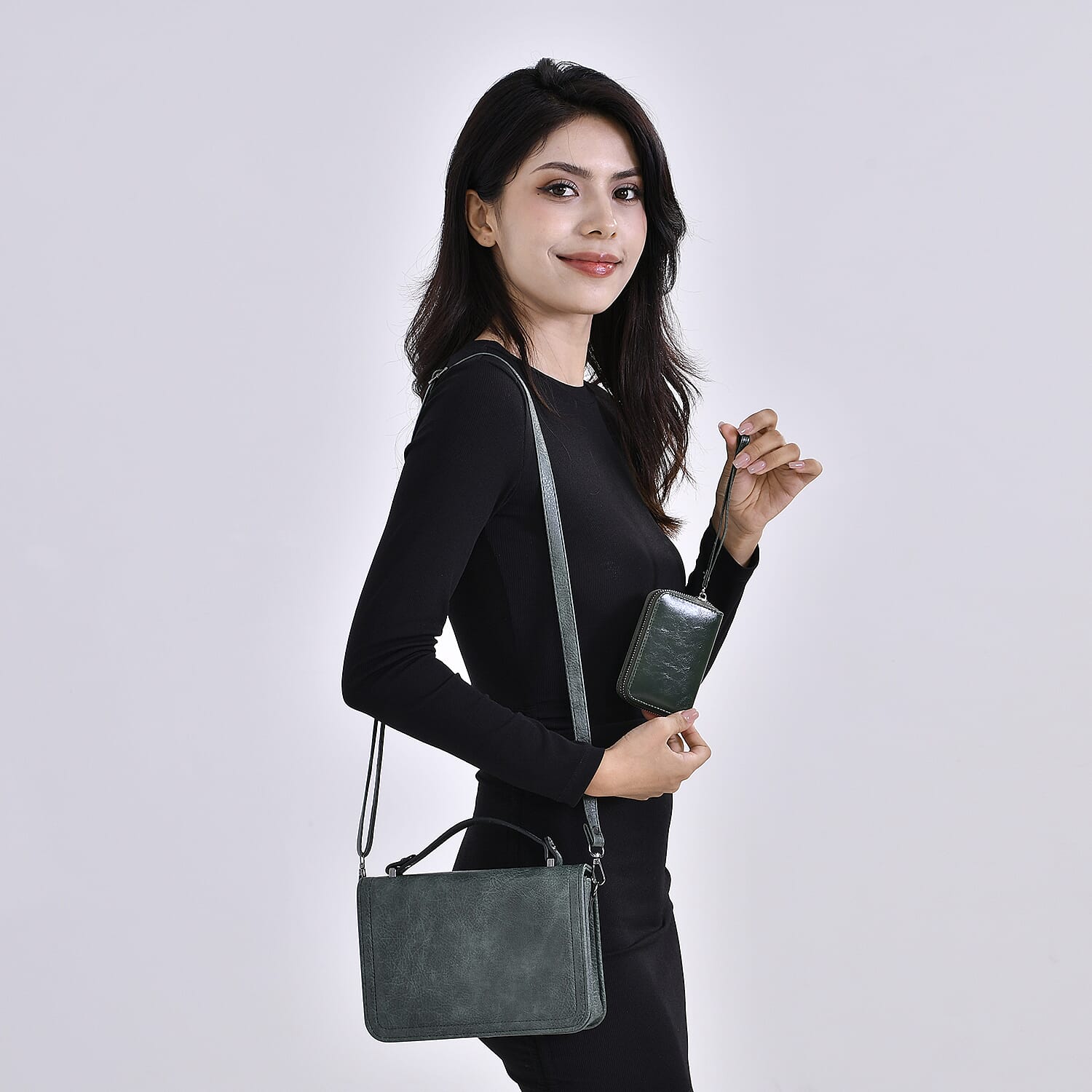 Set of 2- Sling Crossbody Bag with Card Holder - Green