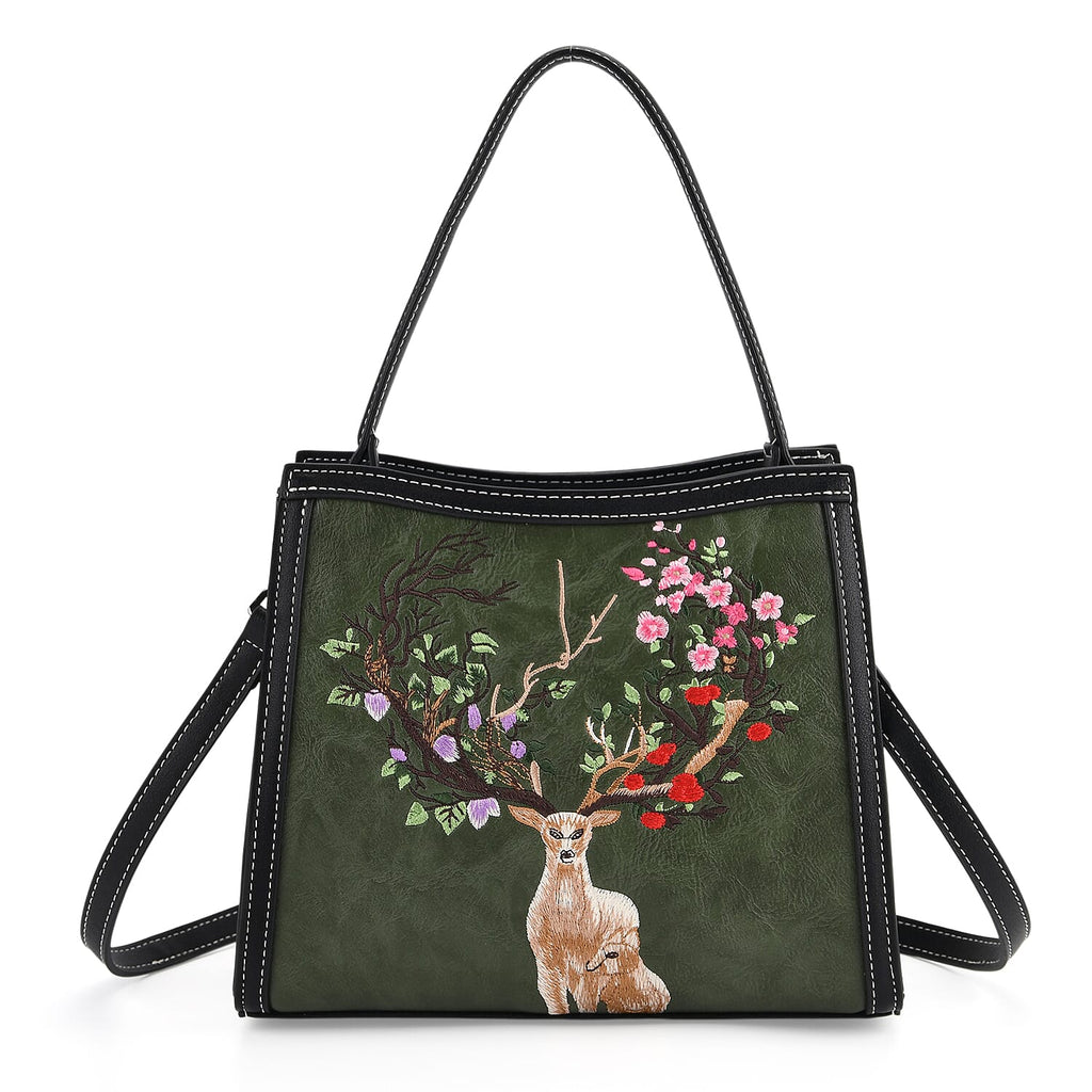 Floral Deer Embroidered Sling Handbag - Green