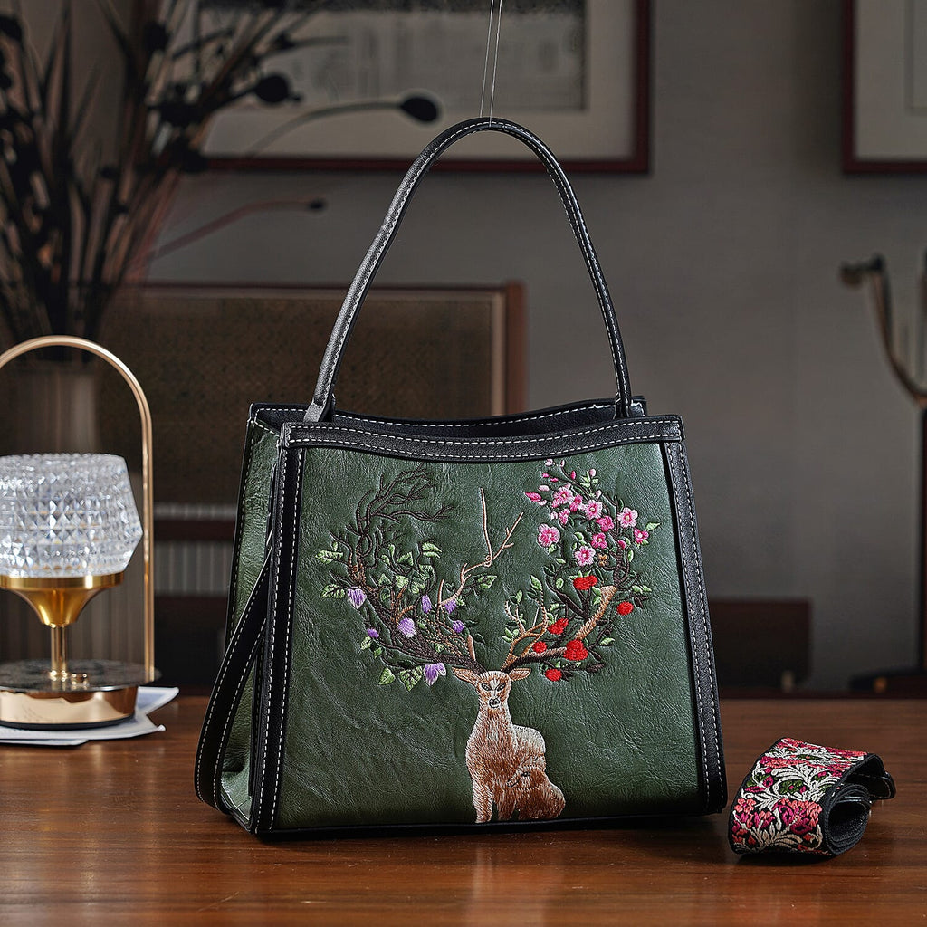 Floral Deer Embroidered Sling Handbag - Green