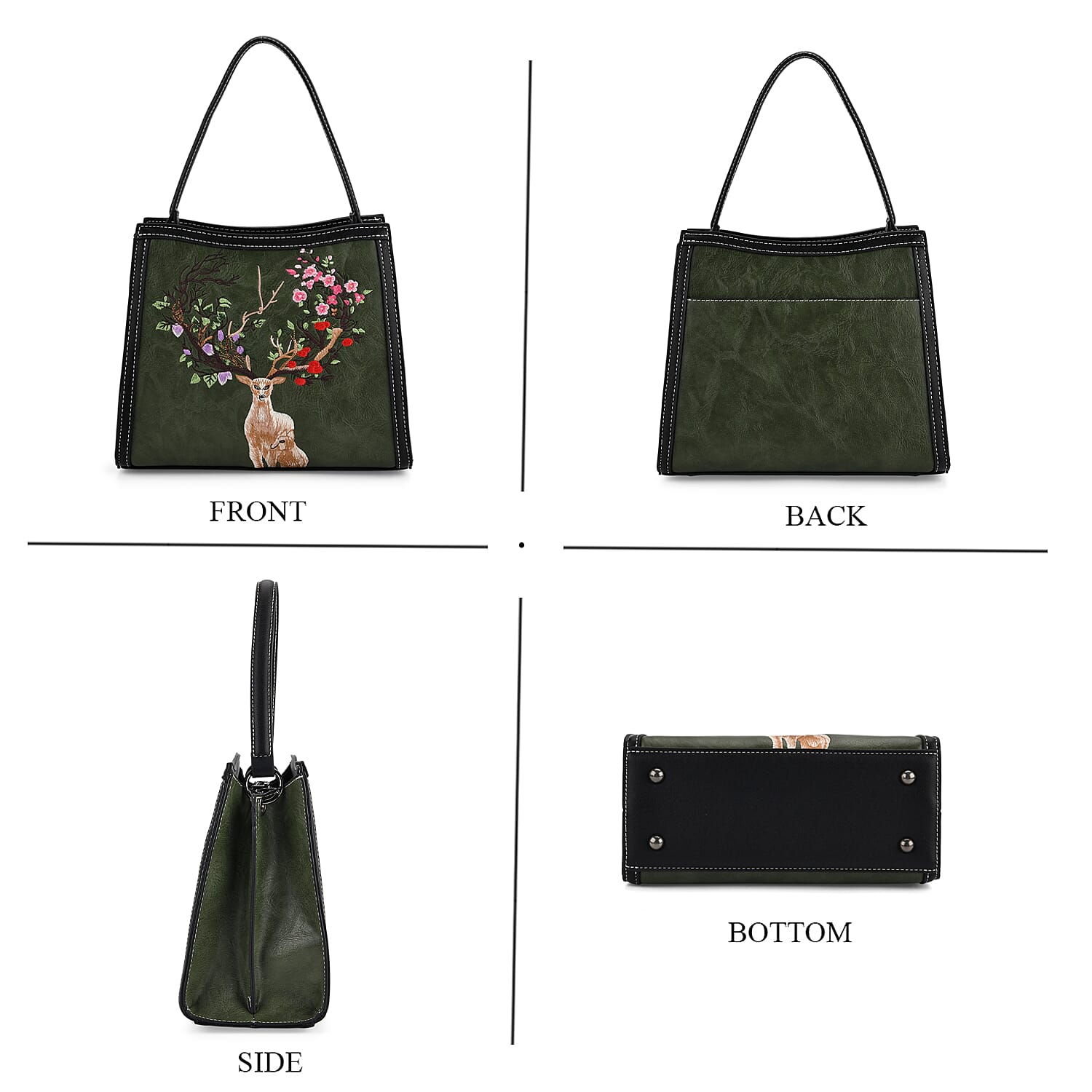 Floral Deer Embroidered Sling Handbag - Green