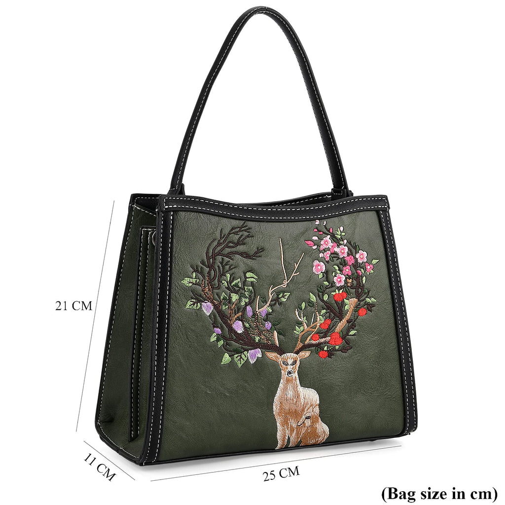 Floral Deer Embroidered Sling Handbag - Green